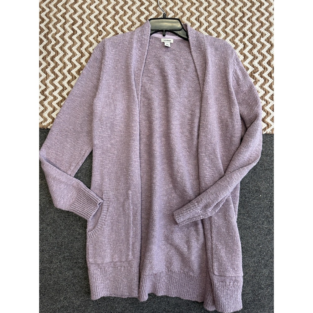 LL Bean Cardigan Sweater Womens M Purple Knit Open Front Pockets 100% Cotton